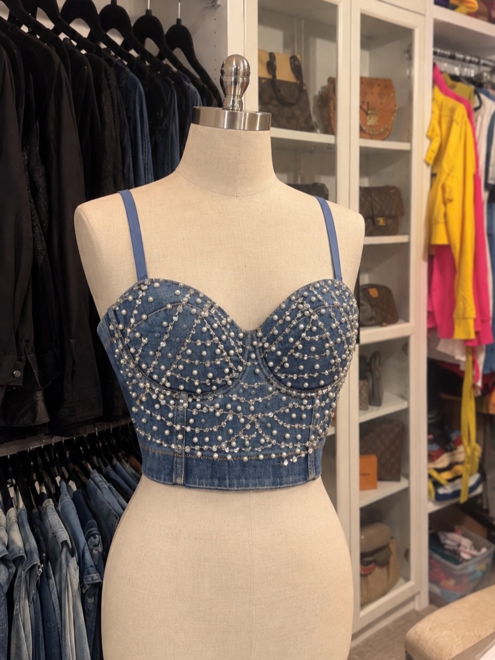 Blue Studded Denim Crop Top Like New